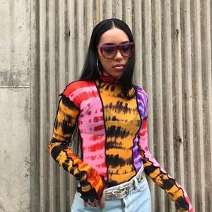 Multicolored Y2K retro hippie abstract patchwork long sleeve mesh shirt
